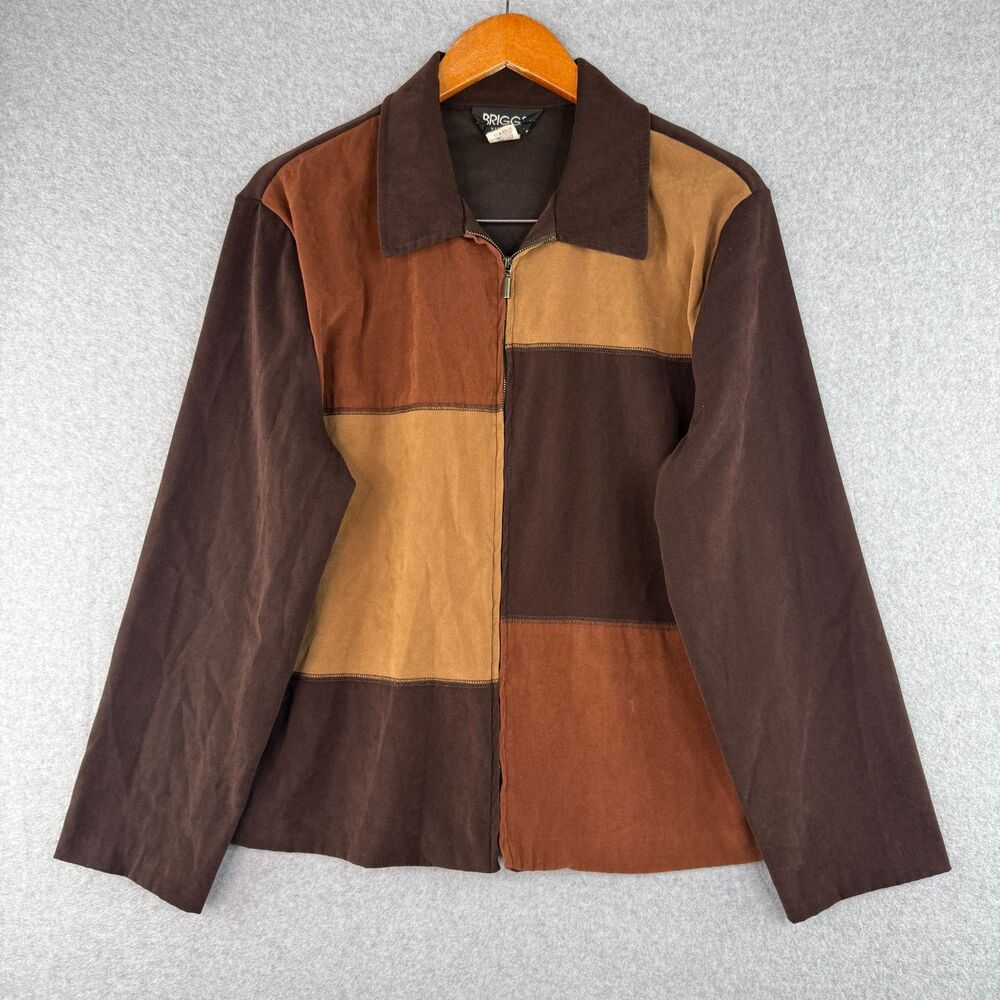 Vintage BRIGG'S Brown Patchwork Long Sleeve Jacket Collared Retro 70's Size 16